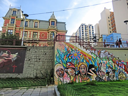 A Victorian house and a wall mural in La Paz, Bolivia.