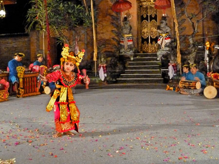 The Legong Lasem dance at Puri Agung Peliatan Palace in Peliatan, Bali.