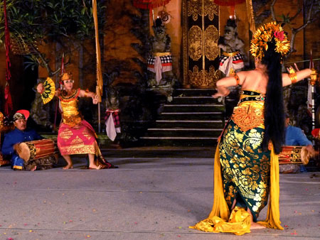 The Oleg Tambulilingan dance at Puri Agung Peliatan Palace in Peliatan, Bali.
