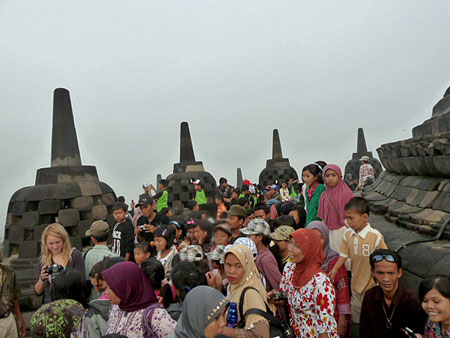 The teeming masses at the top of  Borobudur near Magelang, Central Java.