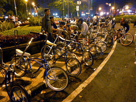 Low rider bicycles on display on Jalon Malioboro in Yogyakarta, Java.