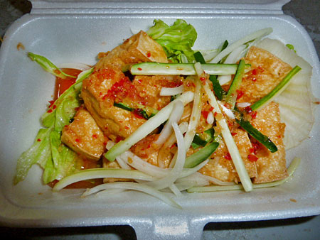 A serving of spicy Thai Tofo on Bugis Street in Singapore.