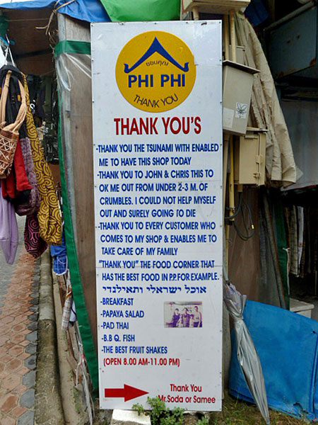 A thank you sign from a 2004 tsunami survivor on Ko Phi Phi Don, Thailand.