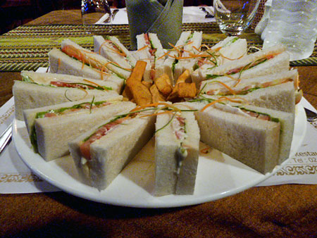 A veggie sandwich wheel and exactly eight French fries at BBB Cafe in Mandalay, Myanmar.