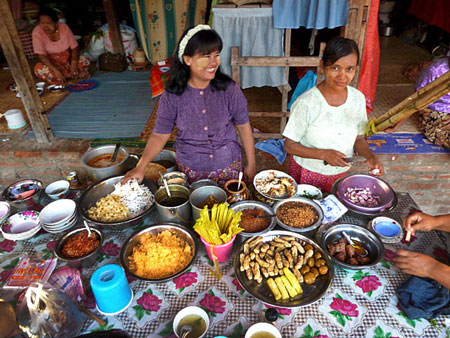 Burmese food for sale at the nat pwe in Taungbyone, Myanmar.