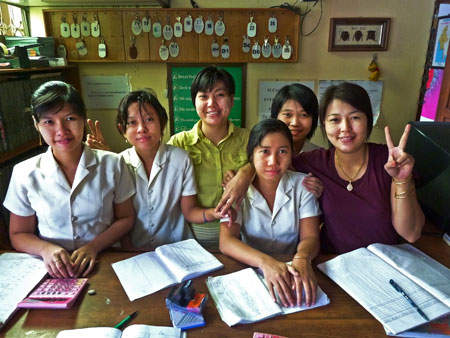The girls who run the Motherland II Inn in Yangon, Myanmar.