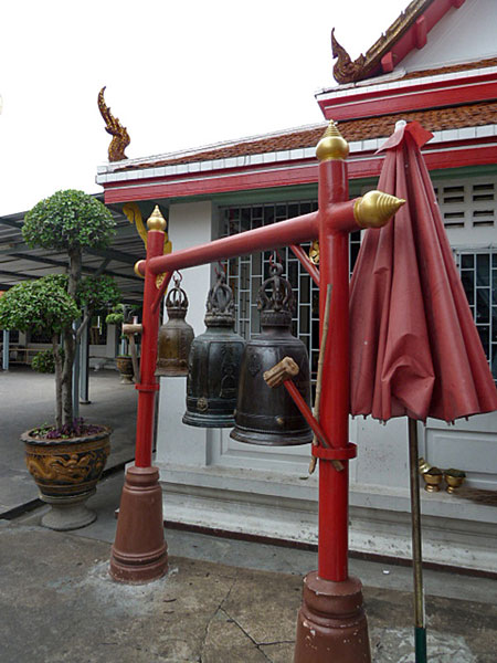 A set of three bells at Wat Chana Songkhram in Banglamphu, Bangkok, Thailand.