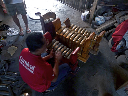 Playtime at the Gong Surya Nada gamelan factory in Sawan, Bali, Indonesia.