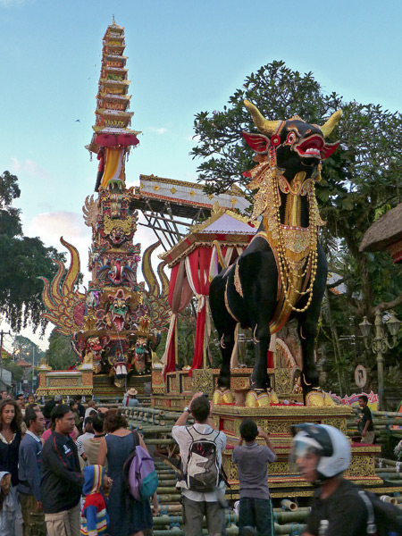 The completed bull and tower for the royal cremation ceremony in Ubud, Bali, Indonesia.