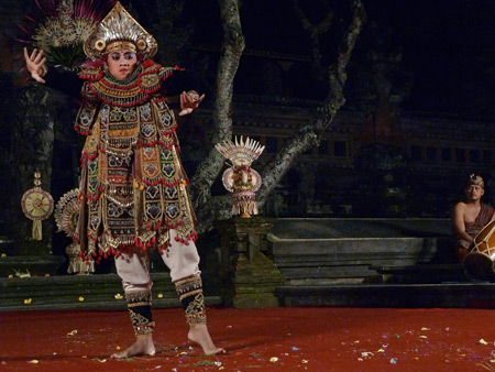 Cepuk Wirasa performs the Baris dance at the Lotus Pond in Ubud, Bali, Indonesia.
