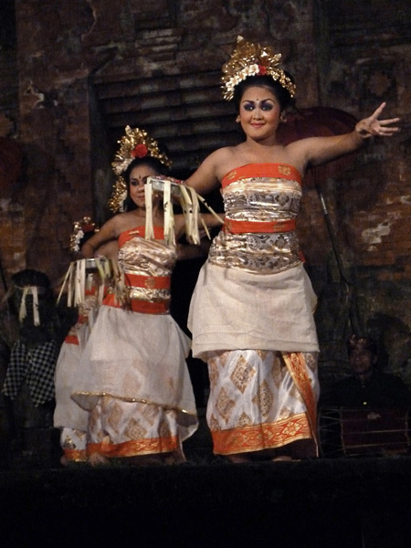 The Peliatan Masters perform the Pendet dance at the Agung Rai Museum of Art in Ubud, Bali, Indonesia.