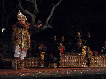 The Peliatan Masters perform the Baris dance at the Agung Rai Museum of Art in Ubud, Bali, Indonesia.