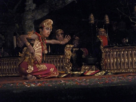 The Peliatan Masters perform the Kebyar Duduk dance at the Agung Rai Museum of Art in Ubud, Bali, Indonesia.