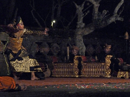 The Peliatan Masters perform the Taruna Jaya dance at the Agung Rai Museum of Art in Ubud, Bali, Indonesia.