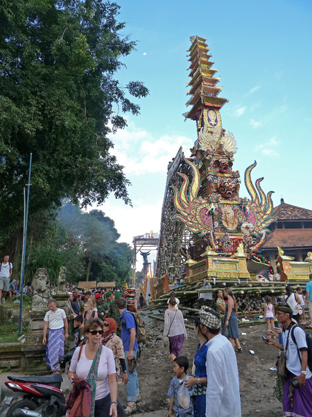 An overview of the royal cremation ceremony at Pura Dalem Puri in Ubud, Bali, Indonesia.