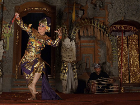 Sekaa Gong Jaya Swara performs the Taruna Jaya dance at Ubud Palace in Ubud, Bali, Indonesia.