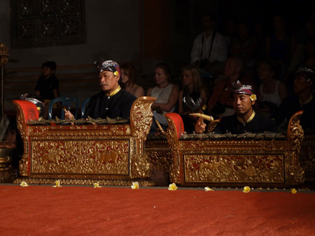 The Sekehe Gong Panca Artha gamelan performs at Ubud Palace in Ubud, Bali, Indonesia.