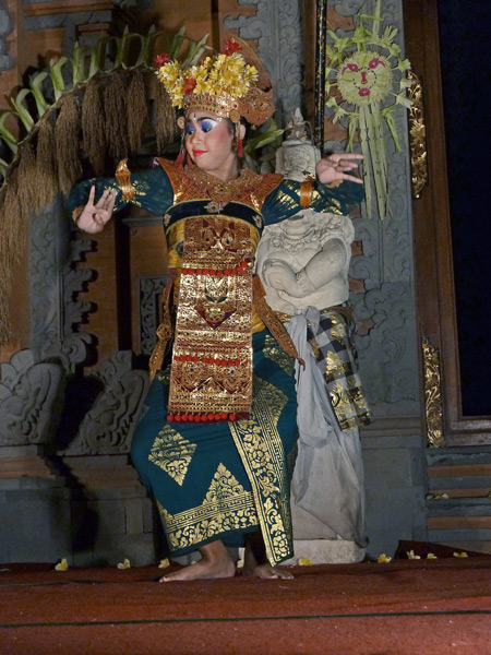 Sekehe Gong Panca Artha performs the Legong dance at Ubud Palace in Ubud, Bali, Indonesia.