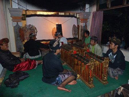 The whole crew at a Wayang Kulit performance at Oka Kartini in Ubud, Bali, Indonesia.