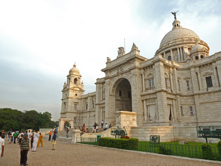 Victoria Memorial bathed in setting sunlight in Kolkata, India.