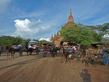 Horsecarts wait for scheduled tourists in front of Sulamani Pahto temple in Bagan, Myanmar.