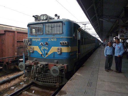 A locomotive at the Agra Cantonment train station in Agra, India.