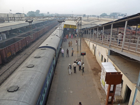 An overview of part of the Agra Cantonment train station in Agra, India.