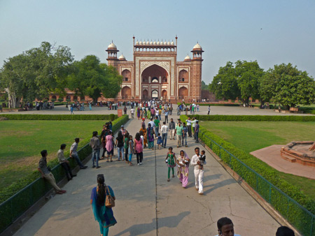 Looking toward the Main Gate of the Taj Mahal in Agra, India.