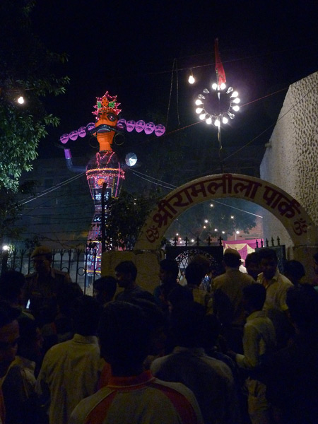 A 50-foot tall effigy of Ravana at a Dussehra festival in Paharganj, Delhi, India.