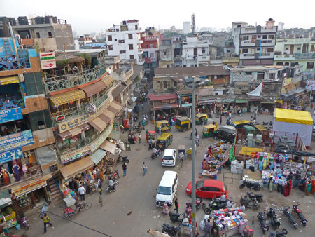 An overview of the Main Bazaar in Paharganj, Delhi, India.