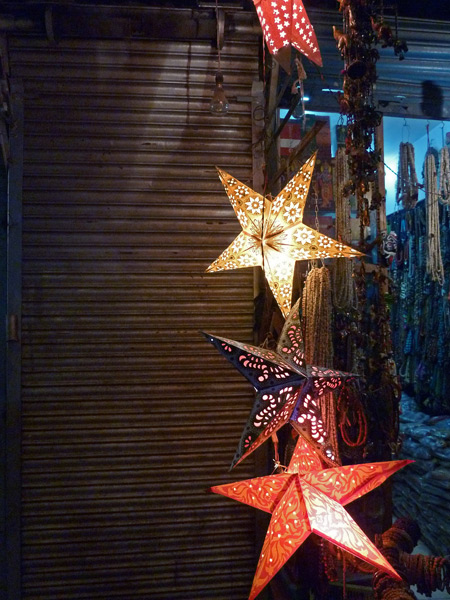Stars shine brightly in the Main Bazaar area of Paharganj, Delhi, India.