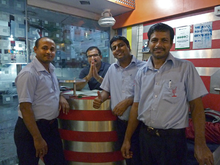 Waiters at the Blue Sky Cafe in Kolkata, India.