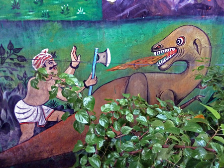 Since when did dinosaurs become part of Hinduism? Hanuman temple near Esplanade in Kolkata, India.