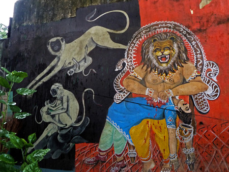 A gory mural on the grounds of the Hanuman Hindu temple near Esplanade in Kolkata, India.