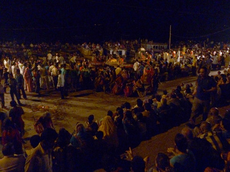 Part of the audience at the nightly Ganga Aarti ceremony at Dasaswamedh Ghat in Varanasi, India.