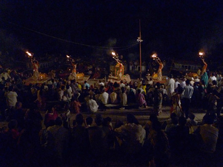 Playing with fire at the nightly Ganga Aarti ceremony at Dasaswamedh Ghat in Varanasi, India.