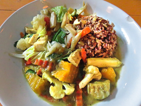 Curry fried vegetables and rice at May Kaidee's in Banglamphu, Bangkok, Thailand.