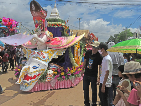 A fanciful float in the parade at the Phi Ta Khon festival in Dan Sai, Thailand.