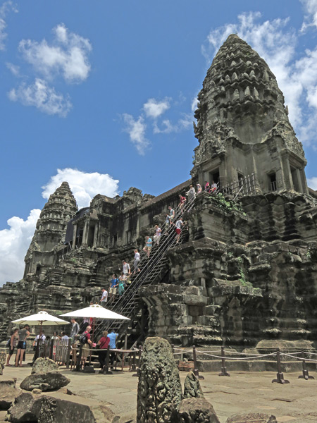 A steep staircase at Angkor Wat in Siem Reap, Cambodia.