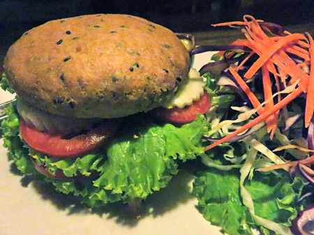 A veggie burger at ethos in Banglamphu, Bangkok, Thailand.