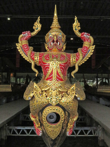 A front view of a barge at the National Museum of Royal Barges in Bangkok, Thailand.