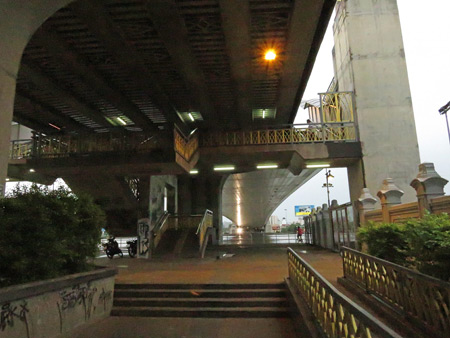The stairway up to the Rama VIII bridge in Bangkok, Thailand.