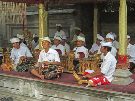 A gamelan plays during a Hindu temple ceremony at Pura Desa in Ubud, Bali, Indonesia.