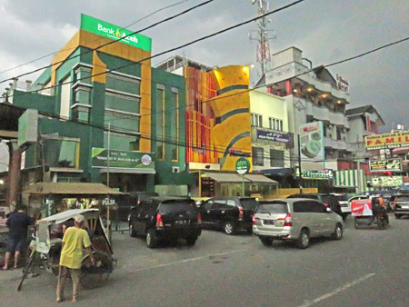 Some bright buildings along Jalon SM Raja in Medan, Sumatra, Indonesia.