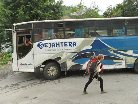 A Sejahtera bus drops us off in Parapat, Danau Toba, Sumatra, Indonesia.