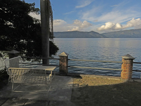 A view of the lake from Romlan Guesthouse in Tuk Tuk, Danau Toba, Sumatra, Indonesia.