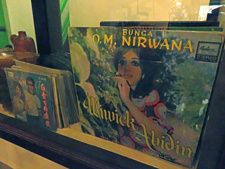 A collection of vinyl records at Roemah Indonesian Kitchen in Medan, Sumatra, Indonesia.