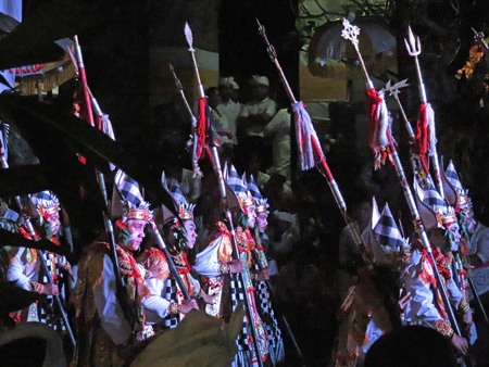 A Baris dance performance as part of the Calonarang drama at Pura Desa in Ubud, Bali, Indonesia.