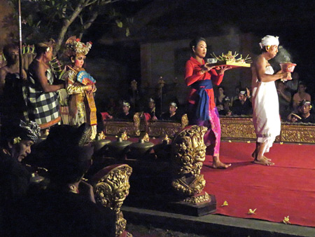 Sekehe Gong Panca Artha performs the Legong Trance at Ubud Palace in Ubud, Bali, Indonesia.