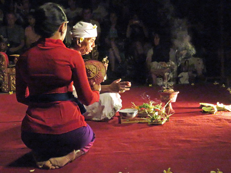 Sekehe Gong Panca Artha performs the Legong Trance at Ubud Palace in Ubud, Bali, Indonesia.